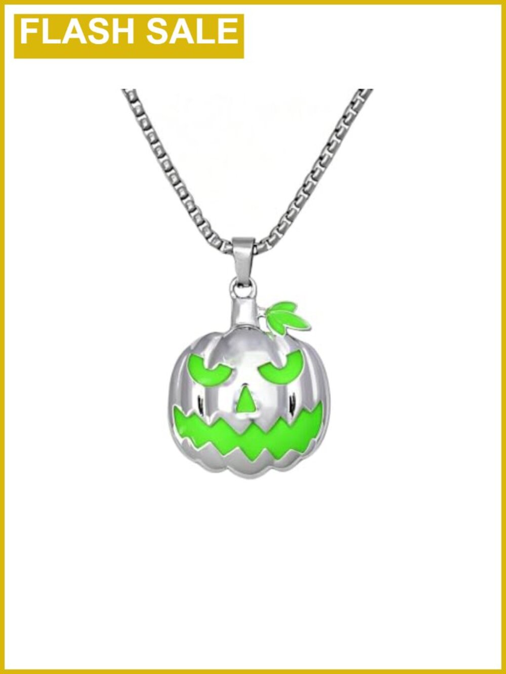 Glow in The Dark Halloween Pumpkin Pendant Necklace Silver Tone Box Chain